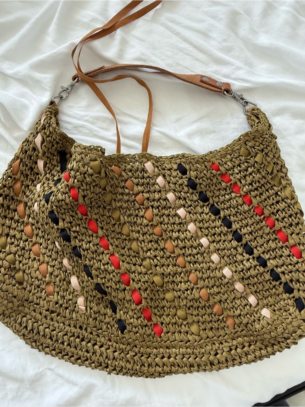 J. Crew Olive Woven Straw Tote with Multicolor Ribbon Weave